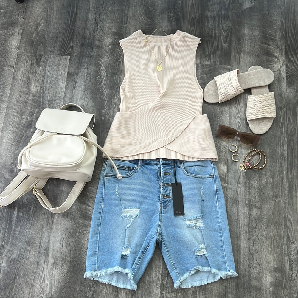 Light blue Bermuda jean shorts. All other items not included.